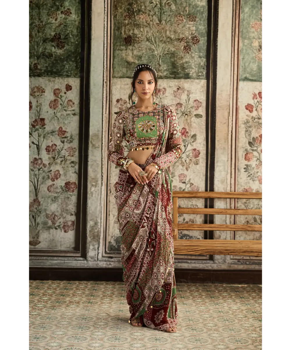 DIYARAJVVIR - Sage-Maroon Print and Highlighted Slit Skirt Saree Set